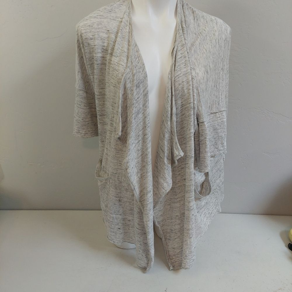 Mododoc Gray Cardigan Size S Open Front Boho Waterfall‎ Linen Marbled Pockets